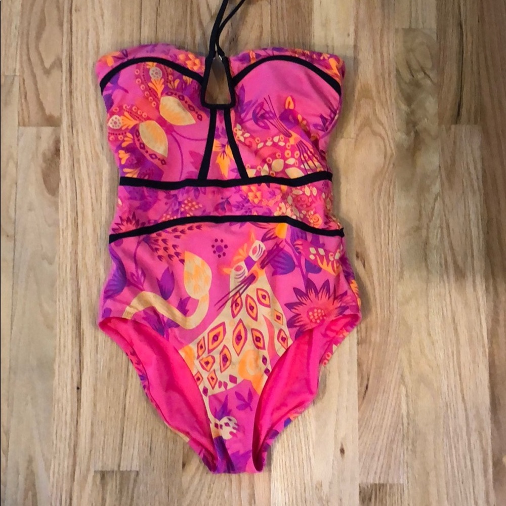 Nanette Lepore Pink Floral One-Piece Swimsuit with Black Trim